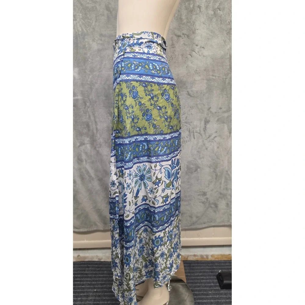 Vintage Silk Floral Wrap Maxi Skirt Blue Green Boho One Size Miss June